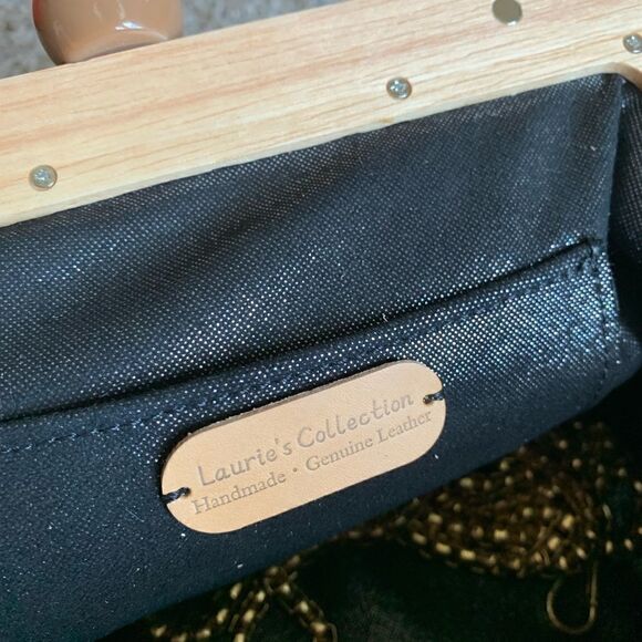 Handmade Genuine Leather Splatter Printed Wooden Frame Clutch with Small Purse - Picture 16 of 16